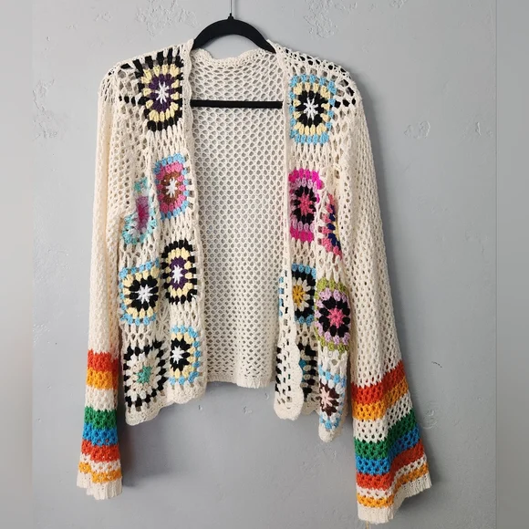 Boho Crochet Knit Patchwork Bell Sleeve Cardigan  Sz Large - Picture 2 of 6